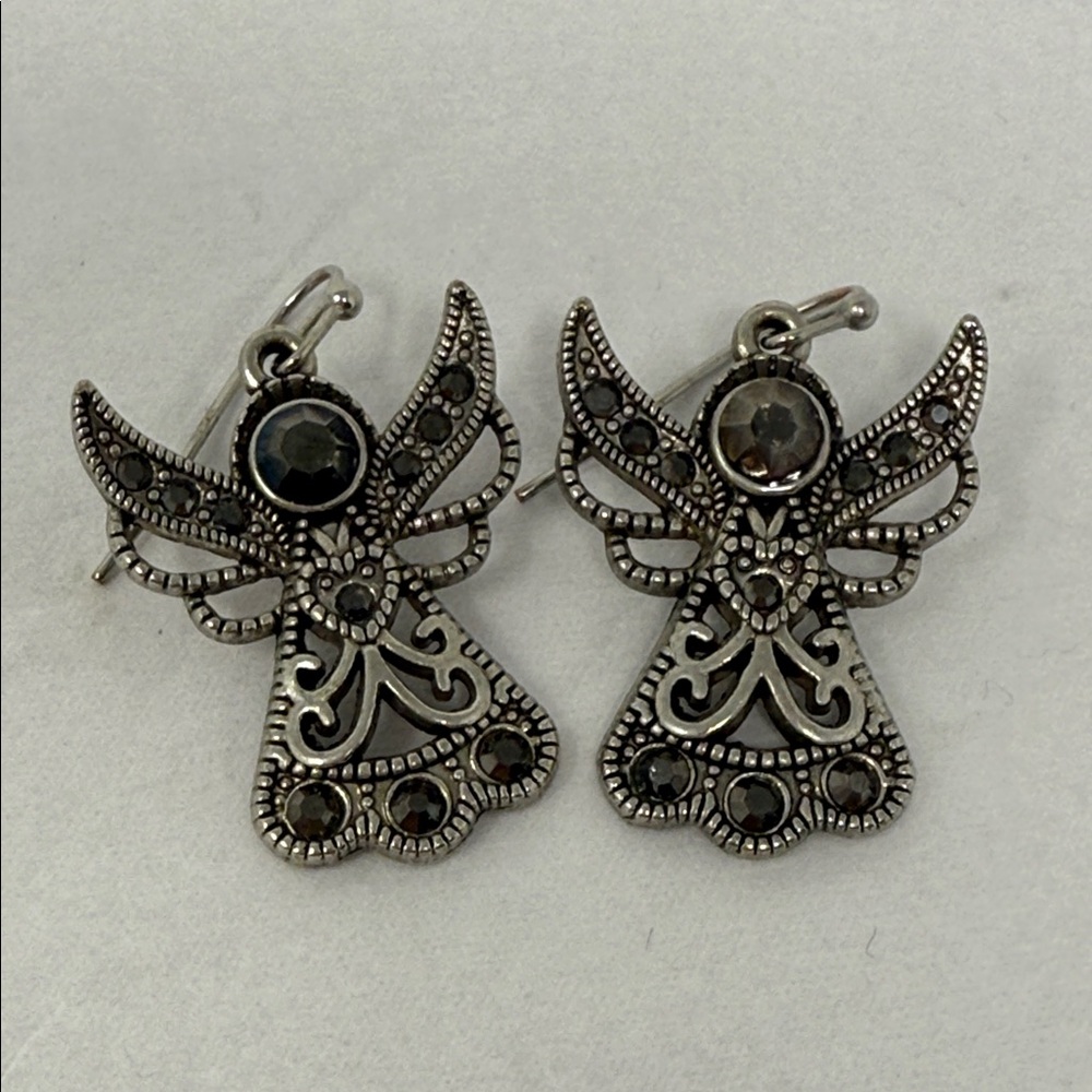 Vintage Style Silver Tone Angel Drop Earrings Black Rhinestone Marcasite Look